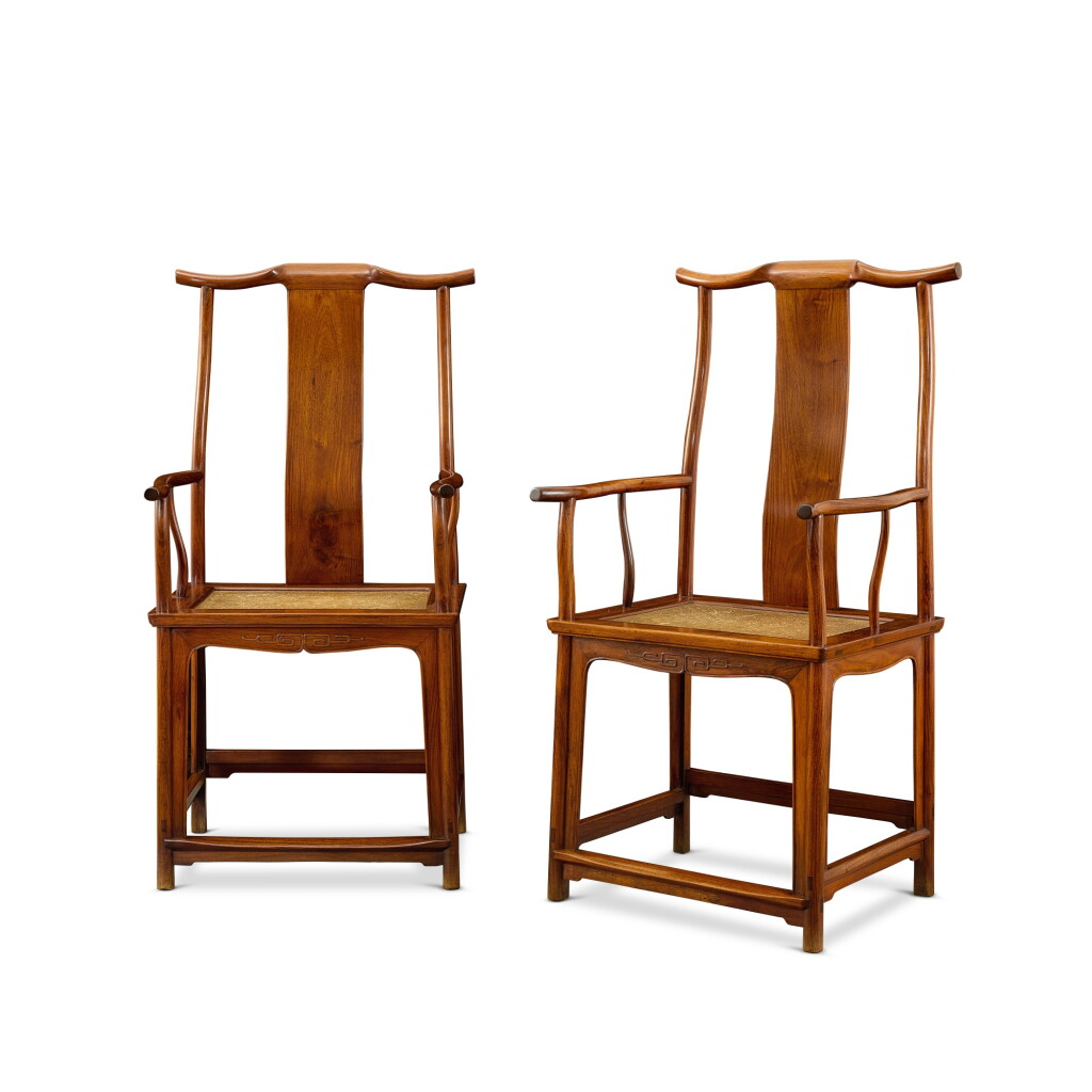 View full screen - View 1 of Lot 3679. A pair of huanghuali 'official's hat' yokeback armchairs, sichutou guanmaoyi, Ming dynasty, 17th century | 明十七世紀 黃花梨四出頭官帽椅成對.