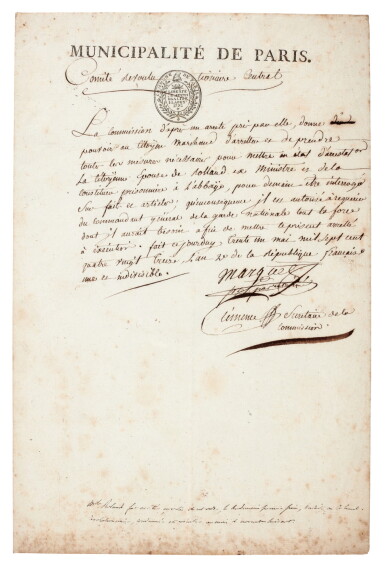 View full screen - View 1 of Lot 135. Marie-Jeanne Roland | Autograph letter signed, warning of the coming Terror, with related material, 1792.
