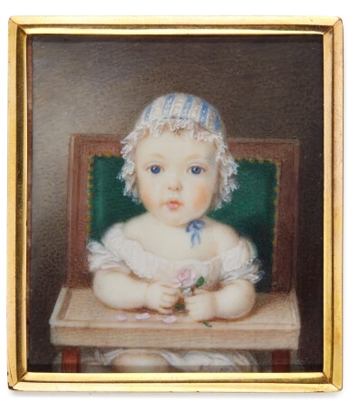 View full screen - View 1 of Lot 358. Portrait of a baby sitting in a high chair.