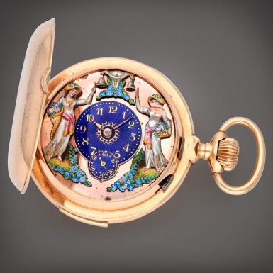 View full screen - View 1 of Lot 348. A hunting case gold and enamel jacquemart quarter repeater watch | Circa 1890.