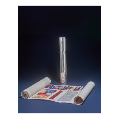 View full screen - View 1 of Lot 306. THE YAACOB AGAM MEGILLAH (SCROLL OF ESTHER) IN A SILVER CASE STAMPED WOLPERT, C. 1980.