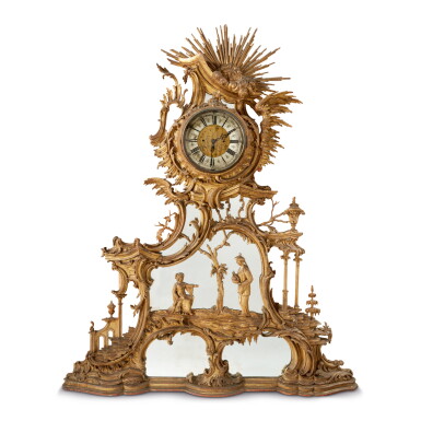 View full screen - View 1 of Lot 784. A GEORGE III REVIVAL GILTWOOD OVERMANTEL MIRROR AND CLOCK AFTER A DESIGN BY THOMAS JOHNSON, SECOND HALF 19TH CENTURY.