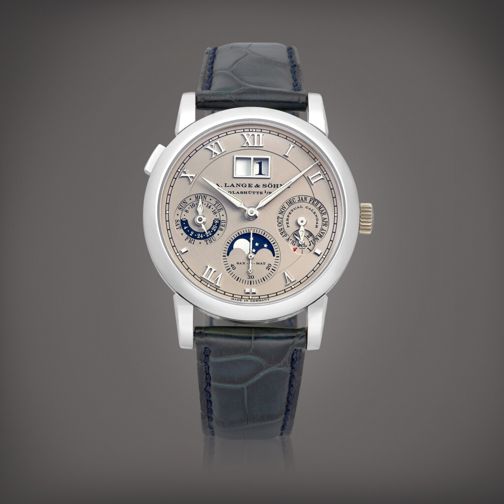 View full screen - View 1 of Lot 2263. Sax-O-Mat Langematik Perpetual, Reference 310.025 A platinum perpetual calendar wristwatch with digital date display, moon phases, 24 hours, leap year indication and zero-reset mechanism, Circa 2004 | 朗格 | Sax-O-Mat Langematik Perpetual 型號310.025 | 鉑金萬年曆腕錶,備數位日期、月相、24小時、閏年顯示及歸零裝置,約2004年製.