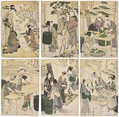 View full screen - View 1 of Lot 9. Kitagawa Utamaro (1754-1806) | The complete set of Women Engaged in the Sericulture Industry (Joshoku kaiko tewaza-kusa) | Edo period, late 18th - early 19th century .