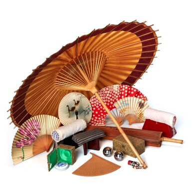 View full screen - View 1 of Lot 1800. A collection of Asian objects, including fans, two parasols, and headrests.