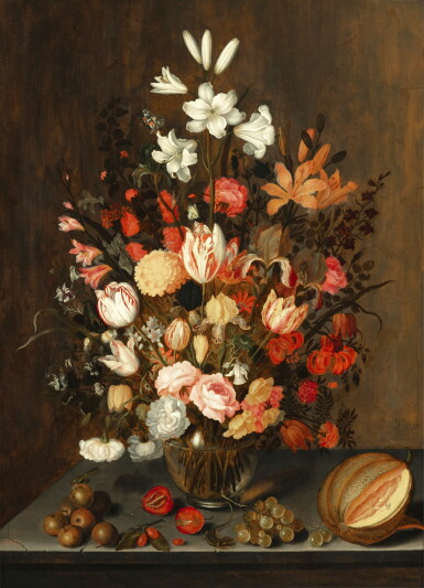 View full screen - View 1 of Lot 17. Still life with flowers in a glass vase, with fruit, a lizard and insects and butterflies, all on a stone ledge.