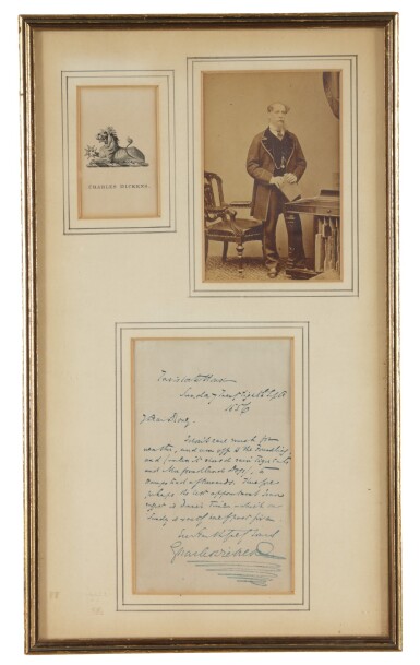 View full screen - View 1 of Lot 137. DICKENS, CHARLES | Autograph letter signed ("Charles Dickens"), to George Dolby, in which he rather whimsically writes about inclement weather, with bookplate and carte-de-visite .