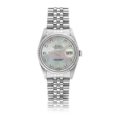 View full screen - View 1 of Lot 154. ROLEX | REF 16234 DATEJUST, A STAINLESS STEEL AUTOMATIC CENTER SECONDS WRISTWATCH WITH DATE BRACELET AND MOTHER OF PEARL DIAMOND SET INDEXES CIRCA 1997.
