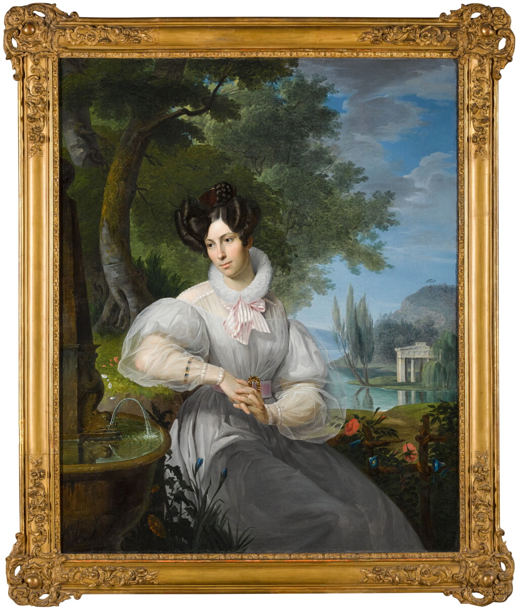 View full screen - View 1 of Lot 128. Portrait of Camilla Lomellini Tabarca (1797–1850), seated by a fountain in a garden landscape.