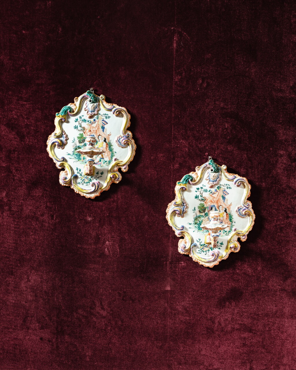 View full screen - View 1 of Lot 187. A pair of Dutch Delft polychrome wall lights, probably circa 1760-75.