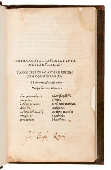 View full screen - View 1 of Lot 238. Sophocles, Tragaediae septem, Venice, Aldus, 1502, later green calf.