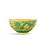 A yellow-ground green-enamelled 'dragon' bowl, Seal mark and period of Daoguang 清道光 黃地綠彩雲龍戲珠紋盌 《大清道光年製》款