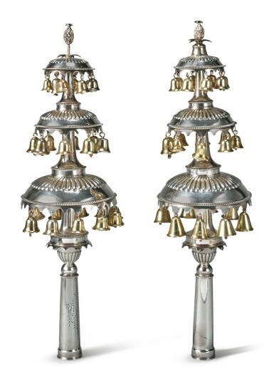 View full screen - View 1 of Lot 102. A PAIR OF ENGLISH SILVER TORAH FINIALS, 1876-77.
