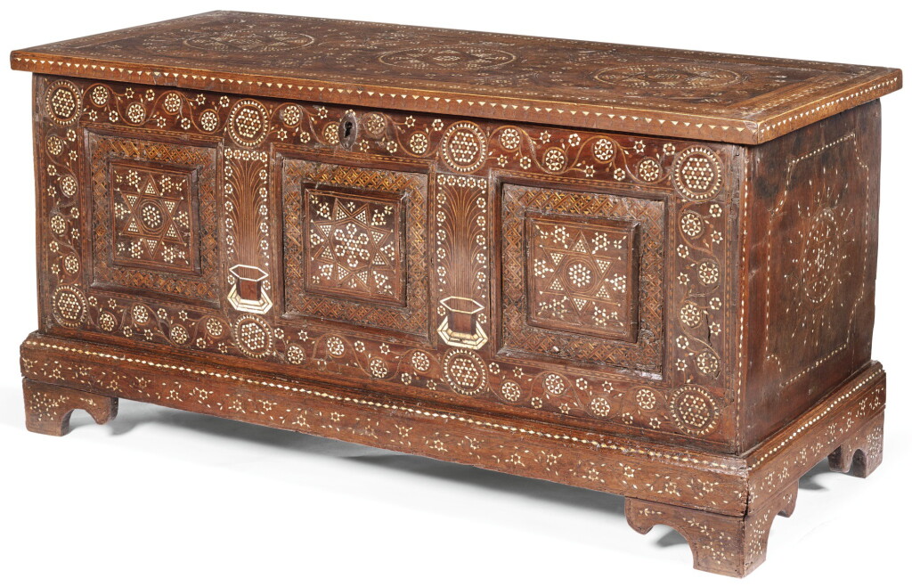 View full screen - View 1 of Lot 91. A POST-NASRID IVORY AND BONE INLAID WALNUT CASSONE 'ALLA CERTOSINA', PROBABLY VENICE OR BARCELONA, LATE 15TH/EARLY 16TH CENTURY.