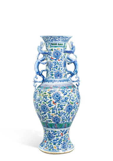 View full screen - View 1 of Lot 3659. A rare blue and white polychrome-enamelled 'lotus' vase, Mark and period of Wanli | 明萬曆 青花加彩螭龍耳纏枝番蓮紋尊 《大明萬曆年製》款.