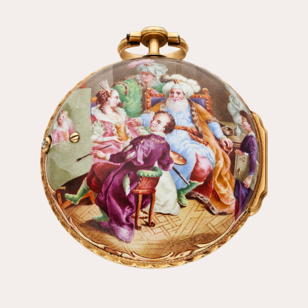 View full screen - View 1 of Lot 398. A yellow gold and enamel verge watch with date, Circa 1760.