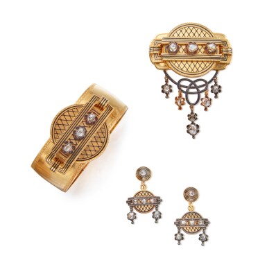 View full screen - View 1 of Lot 170. SUITE OF GOLD, DIAMOND AND ENAMEL JEWELS, FRANCE.
