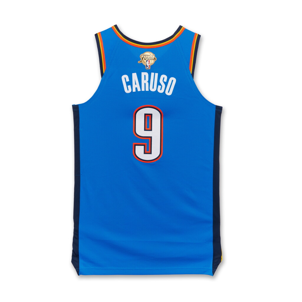 View full screen - View 1 of Lot 4. Alex Caruso Oklahoma City Thunder 2025 NBA Finals Game Worn Icon Edition Jersey | Game 2 | ‘Championship Run’ | NBA Finals Career High.