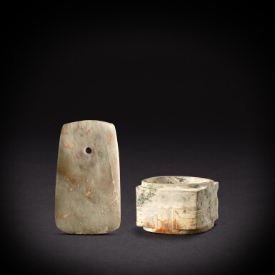View full screen - View 1 of Lot 7822. A greyish-celadon jade axe, fu, and a celadon jade cong, Neolithic period | 新石器時代 灰青玉斧 及 良渚文化青玉獸面紋琮.