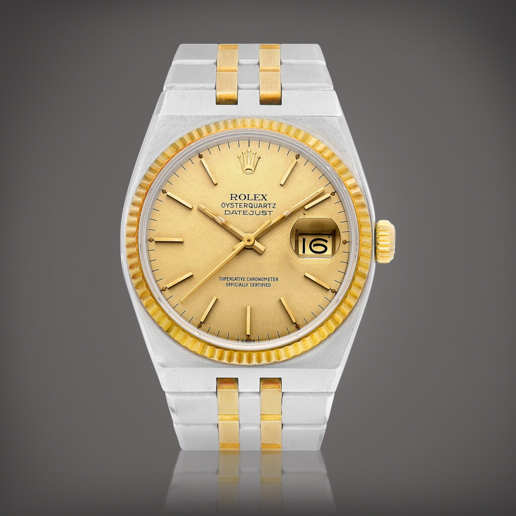 View full screen - View 1 of Lot 961. Oysterquartz DateJust, Reference 17013 | A yellow gold and stainless steel wristwatch with date and bracelet, Circa 1979 | 勞力士 | Oysterquartz DateJust 型號17013 | 黃金及精鋼鏈帶腕錶,備日期顯示,約1979年製.