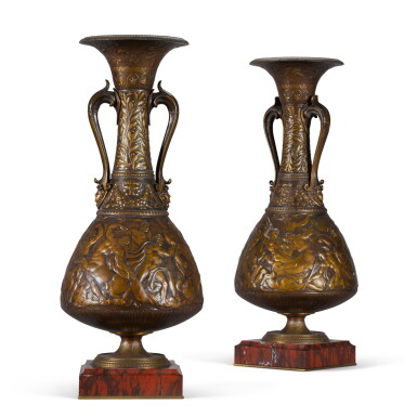 View full screen - View 1 of Lot 148. A pair of French 'neo-grec' style multipatinated bronze amphora vases by Ferdinand Levillain and Ferdinand Barbedienne, circa 1880.
