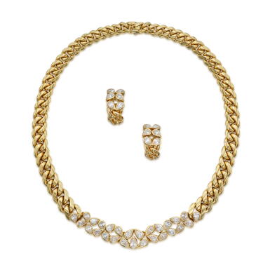 View full screen - View 1 of Lot 391. Gold and Diamond Necklace and Pair of Earclips.