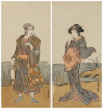 Katsukawa Shunsho (1726-1792) | The actor Ichimura Uzaemon IX as the Potter Tsuchihei and Nakamura Tomijuro I in a female role | Edo period, late 18th century