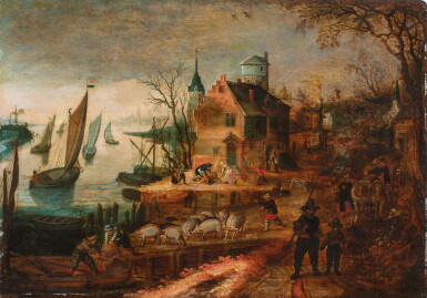 View full screen - View 1 of Lot 114. River landscape with travelers and pigs loaded into a boat | Scène de village avec des paysans marchant et chargeant des cochons sur un bateau.