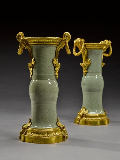 View full screen - View 1 of Lot 14. A pair of gilt-bronze mounted Chinese celadon porcelain vases, the porcelain Qianlong (1736-1795), the mounts Louis XV circa 1770.