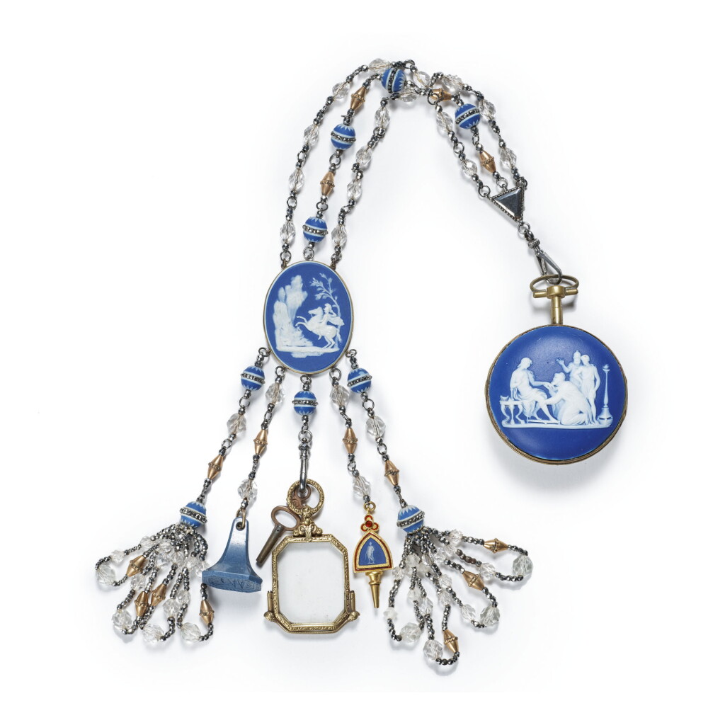 View full screen - View 1 of Lot 176. A WEDGWOOD BLUE AND WHITE JASPERWARE AND STEEL-CUT CHATELAINE CIRCA 1800 .