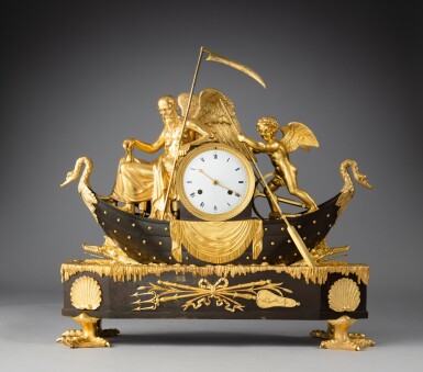 View full screen - View 1 of Lot 458. An Empire patinated and gilt-bronze "Amour fait passer le Temps" mantel clock, circa 1810, after a model by Claude Galle | Pendule "l'Amour fait passer le Temps" en bronze doré et patiné, vers 1810, d'après un modèle de Claude Galle.