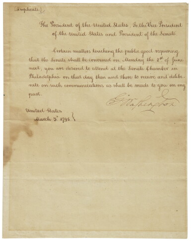 View full screen - View 1 of Lot 2220. Washington, George. Manuscript letter signed, to John Adams, 3 March 1795.