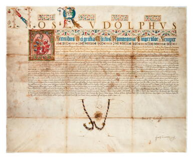 View full screen - View 1 of Lot 107. Rudolf II | Large illuminated document, signed by Rudolf and Faustus Verancsics, Prague, 1587.