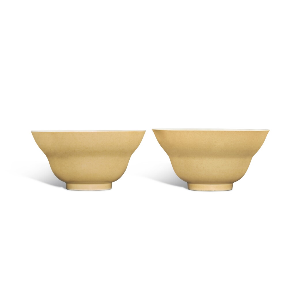 View full screen - View 1 of Lot 388. A pair of café-au-lait-glazed ogee-form bowls, Seal marks and period of Daoguang | 清道光 米黃釉折腰盌一對 《大清道光年製》款 .