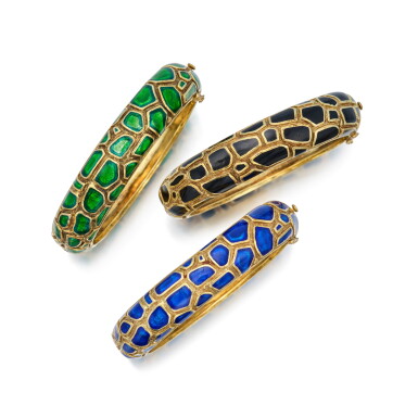 View full screen - View 1 of Lot 116. Three Gold and Enamel Bangle-Bracelets.