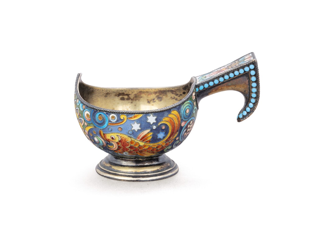 View full screen - View 1 of Lot 66. A Russian silver-gilt and cloisonné enamel Kovsh, mark of Chlebnikov, Moscow, 1908-17,.