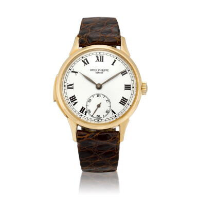 View full screen - View 1 of Lot 2175. Reference 3979 | A yellow gold minute repeating wristwatch, Made to commemorate the 150th anniversary of Patek Philippe, Made in 1990 | 百達翡麗 | 型號3979 | 黃金三問腕錶,為紀念百達翡麗150週年而製,1990年製.