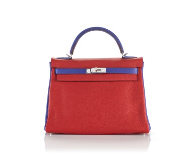 View full screen - View 1 of Lot 11. KELLY 32 CUSTOM MADE BLEU ELECTRIQUE AND ROUGE CASAQUE COLOUR TOGO LEATHER RETOURNÉ WITH PALLADIUM HARDWARE. HERMÈS, 2013 .
