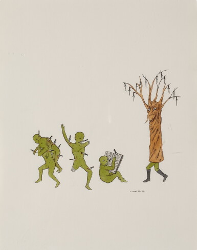 View full screen - View 1 of Lot 385. Untitled (4 green monsters/knives/knife/tree).