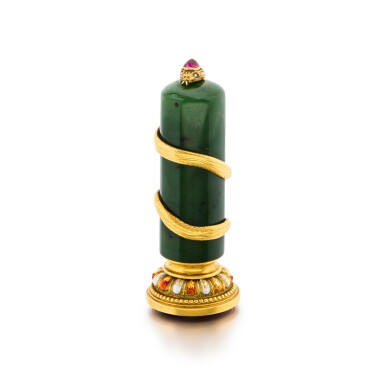 View full screen - View 1 of Lot 1125. A Fabergé jewelled gold-mounted guilloché enamel nephrite hand seal, workmaster possibly Michael Perkhin, St Petersburg, 1899-1903.