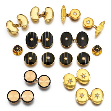 View full screen - View 1 of Lot 215. Four pairs of cufflinks and an enamel and seed pearl dress set, late 19th to early 20th century.
