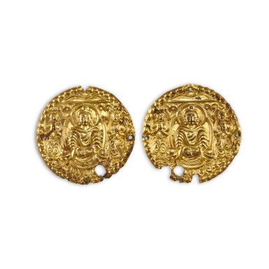 View full screen - View 1 of Lot 308. Two gilt copper alloy repoussé 'buddha and attendants' medallion, Central Asia, possibly Khocho, 7th - 8th century 七至八世紀 中亞 或為高昌 鎏金銅錘鍱佛陀牌.