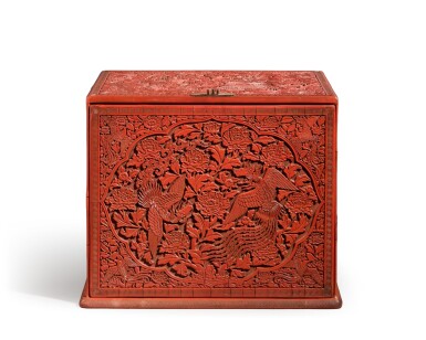 View full screen - View 1 of Lot 5078. An exceptionally rare and superbly carved cinnabar lacquer 'phoenix and luan' chest, Ming dynasty, Yongle period | 明永樂 剔紅鸞鳳紋匣.
