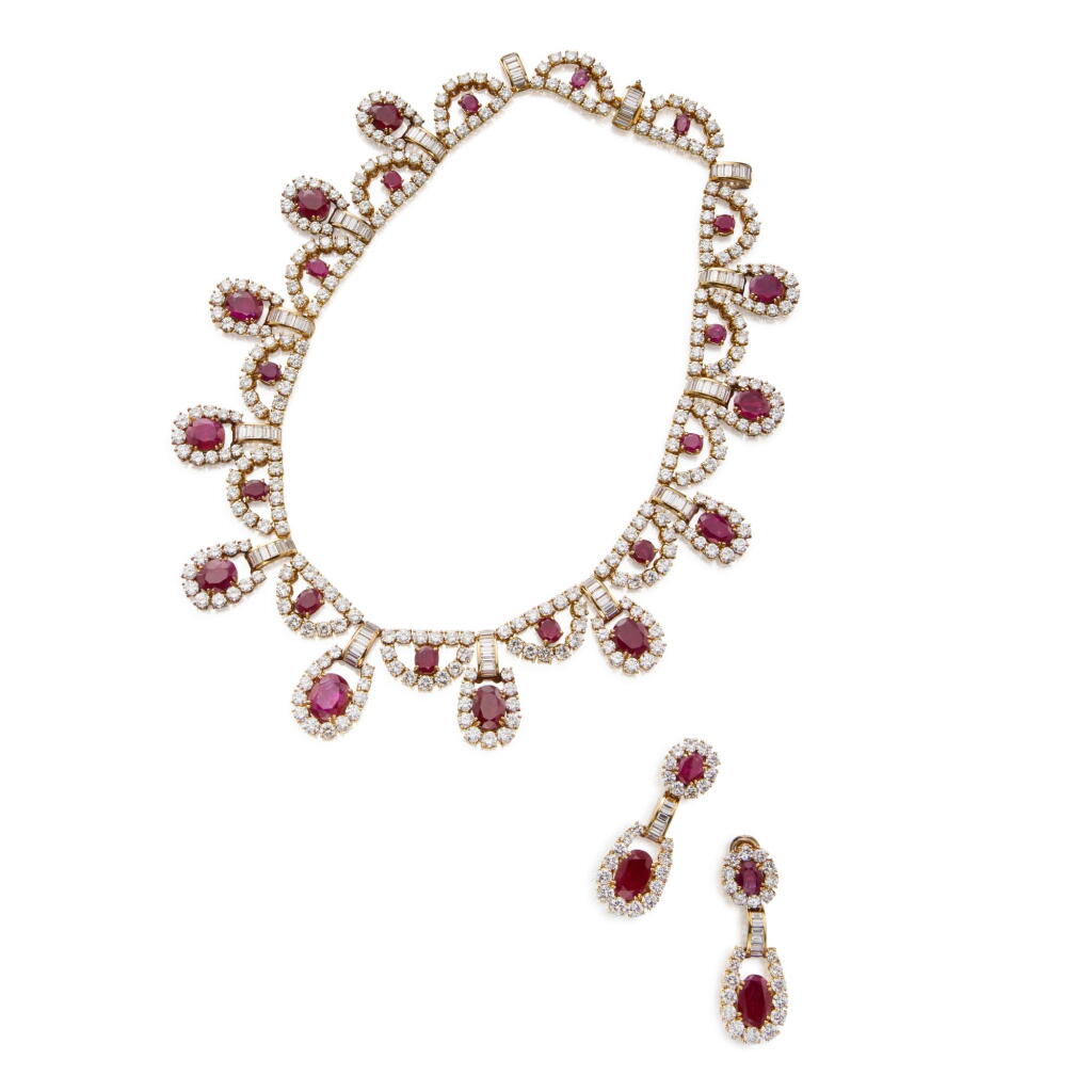 View full screen - View 1 of Lot 198. Ruby and Diamond Necklace and Pair of Earclips.