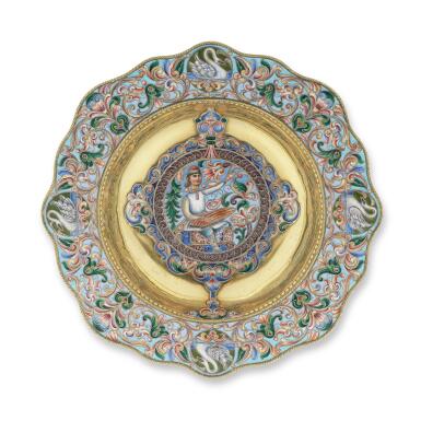 View full screen - View 1 of Lot 195. A silver-gilt and pictorial cloisonné enamel charger, Orest Kurlyukov, Moscow, 1899-1908.