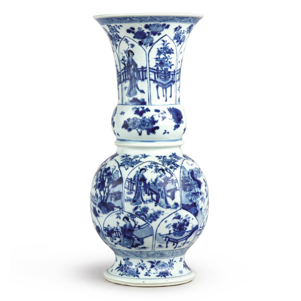 View full screen - View 1 of Lot 145. A blue and white 'ladies' vase, Qing dynasty, Kangxi period | 清康熙 青花開光仕女花卉圖瓶.