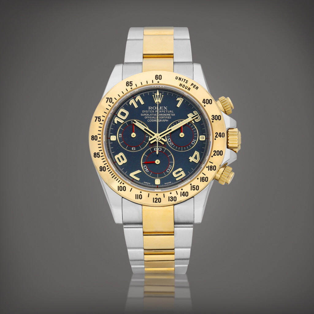 View full screen - View 1 of Lot 2292. Cosmograph Daytona, Reference 116523 A yellow gold and stainless steel chronograph wristwatch with bracelet, Circa 2018 | 勞力士 | Cosmograph Daytona 型號116523 | 黃金及精鋼計時鏈帶腕錶,約2018年製.