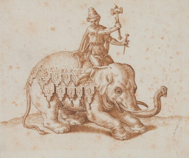 View full screen - View 1 of Lot 80. A man sitting atop an elephant.