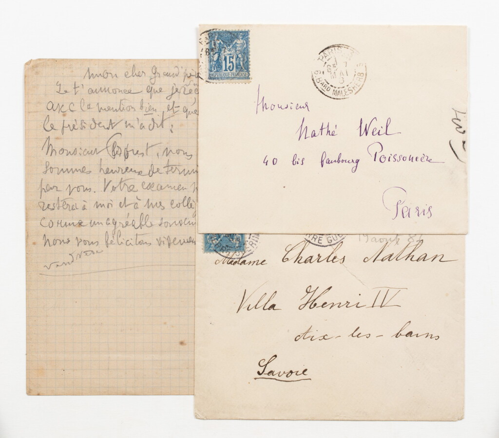 View full screen - View 1 of Lot 84. PROUST. Lettre à son grand-père Nathé Weil (1888), sur ses résultats scolaire. Joint : 2 enveloppes autographes.