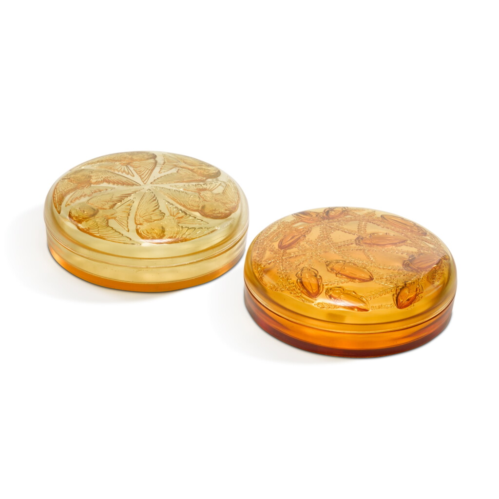 View full screen - View 1 of Lot 1771. A 'Mésanges' box and a 'Cleones' box by René Lalique, both designed in 1921.